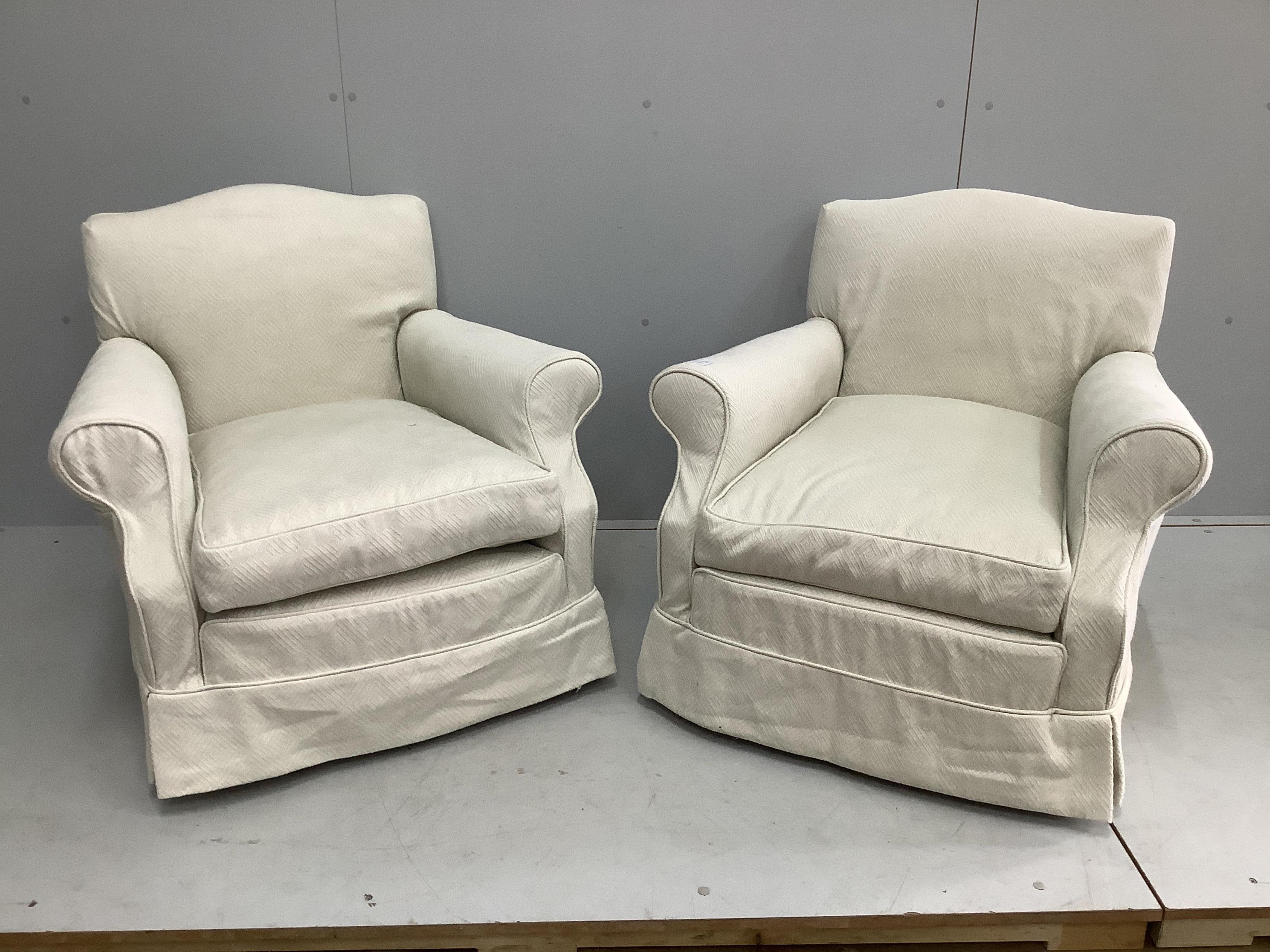 A pair of Contemporary upholstered armchairs, width 80cm, depth 76cm, height 74cm. Condition - fair